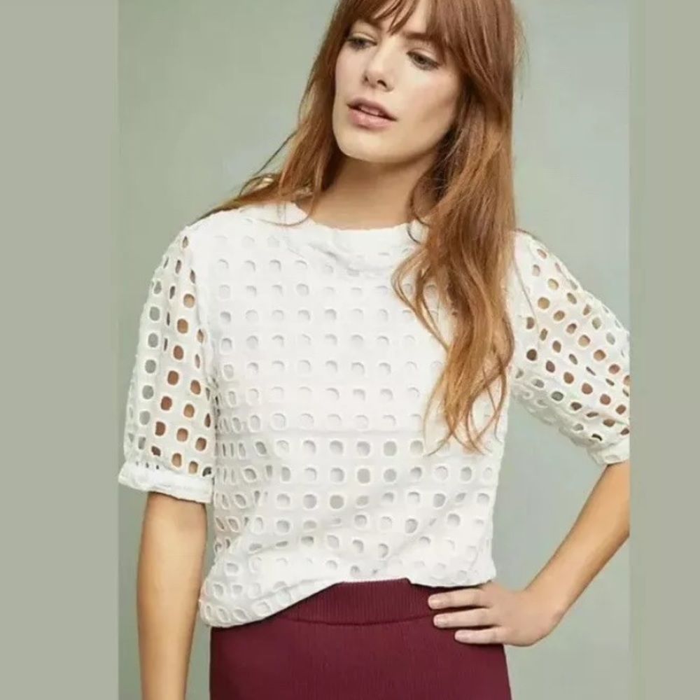Anthropologie Sz 0 Eudora Eyelet Top Blouse White